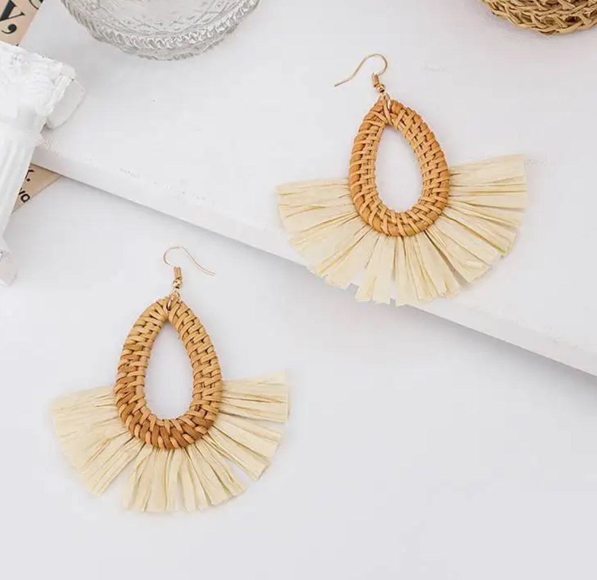 rattan & raffia drop fan earrings