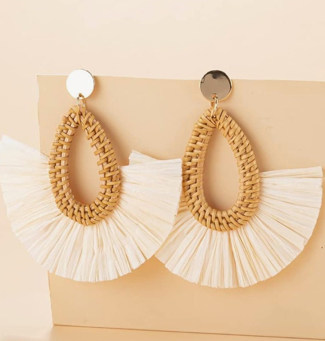 rattan & raffia drop fan earrings